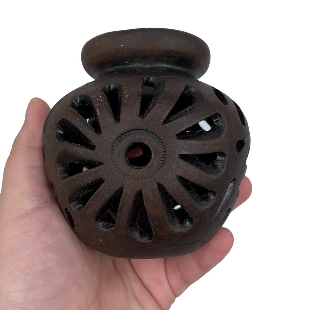 Hand engraved open work floral ceramic vase dark brown	small 3.5"